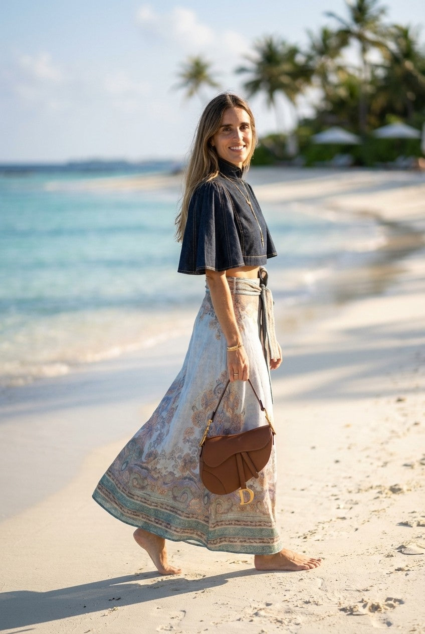 Denim Crop Blouse & Patterned Maxi Skirt
