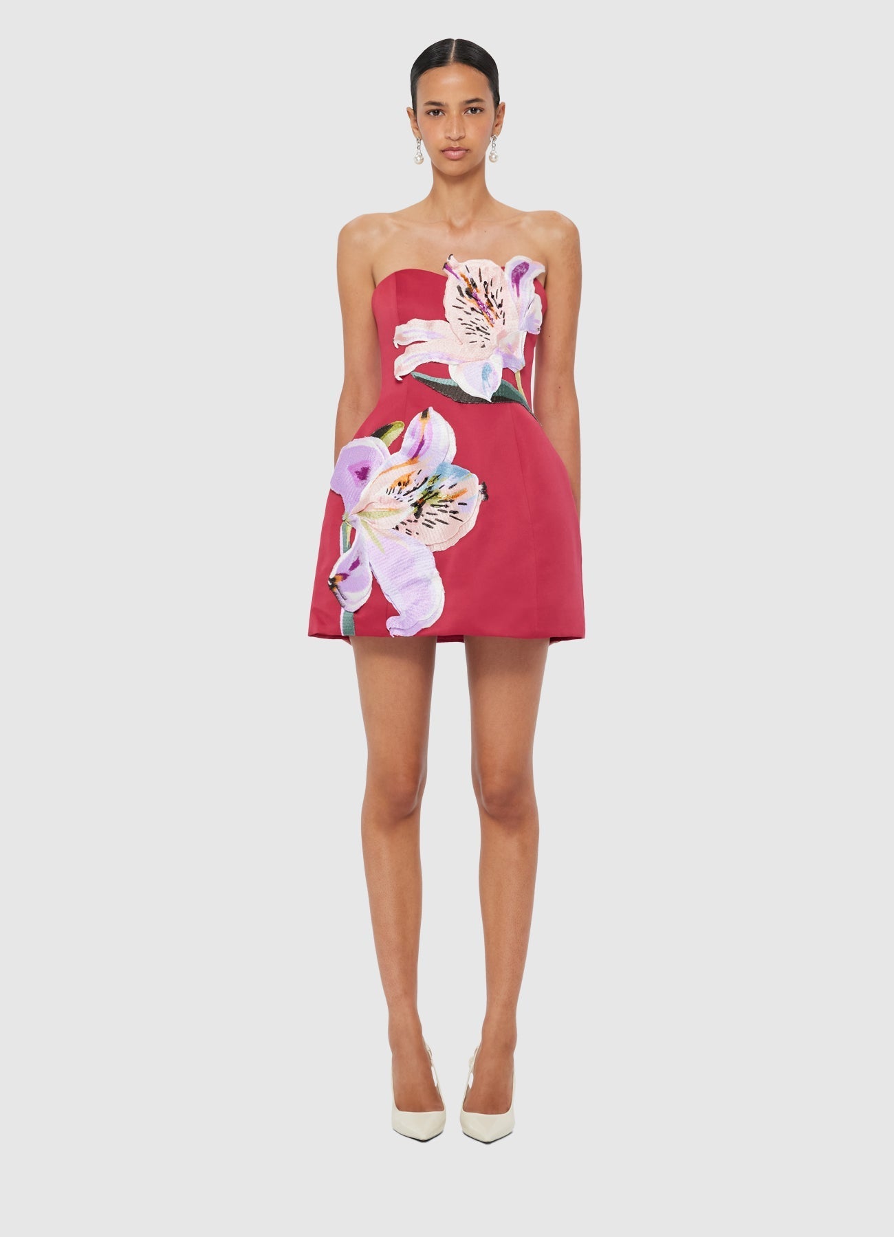 Pink Strapless Floral - Embroidered Mini Dress