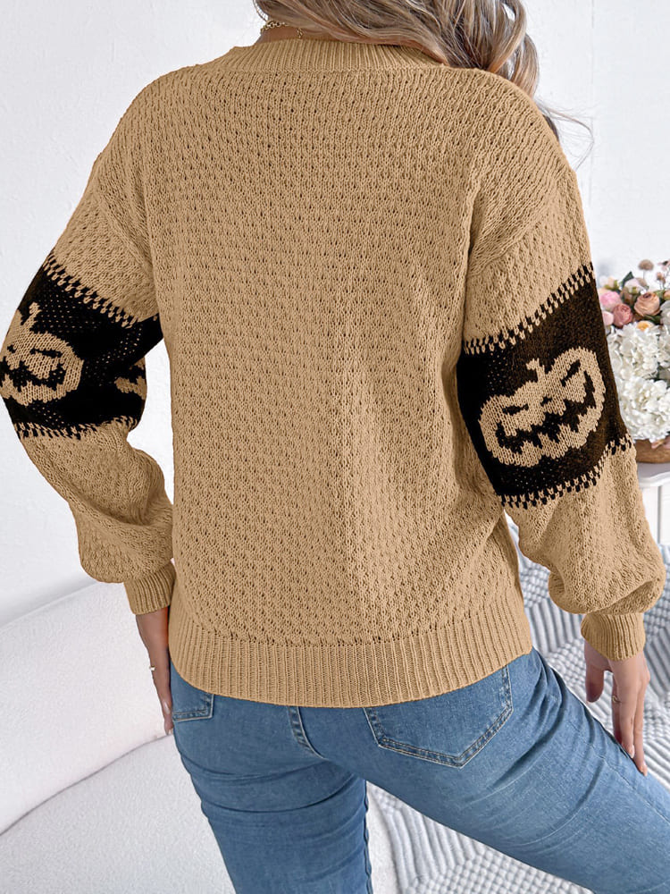 Halloween Pumpkin Head Color-Block Crew Neck Knit Sweater-CALLISTARI