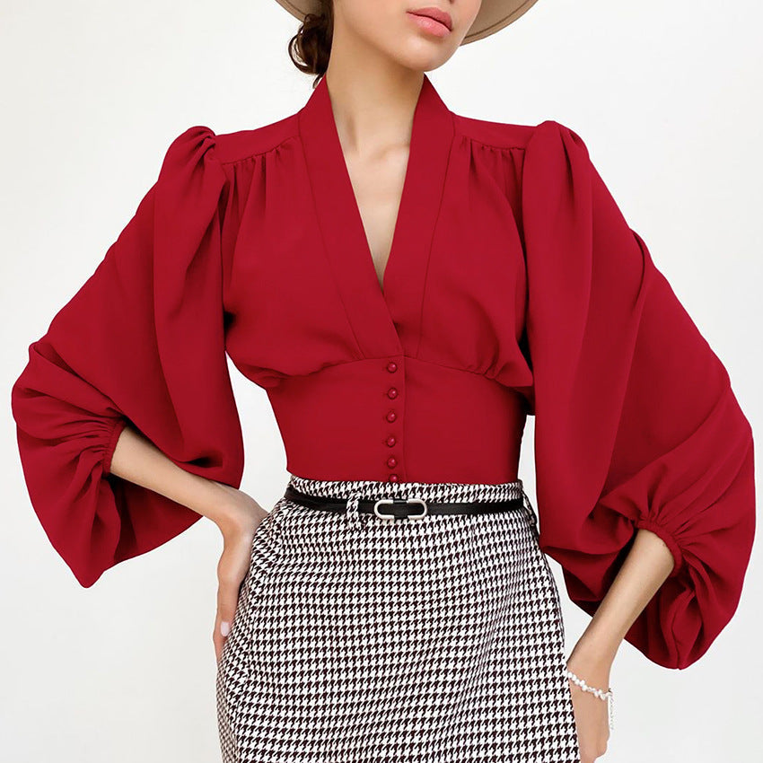 V Neck Puff Long Sleeve Corset Top-CALLISTARI