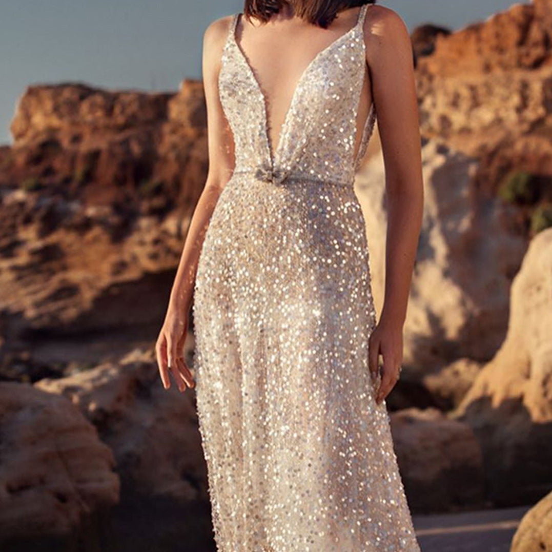 Women's Dress V-neck Sleeveless Waist Silver-CALLISTARI