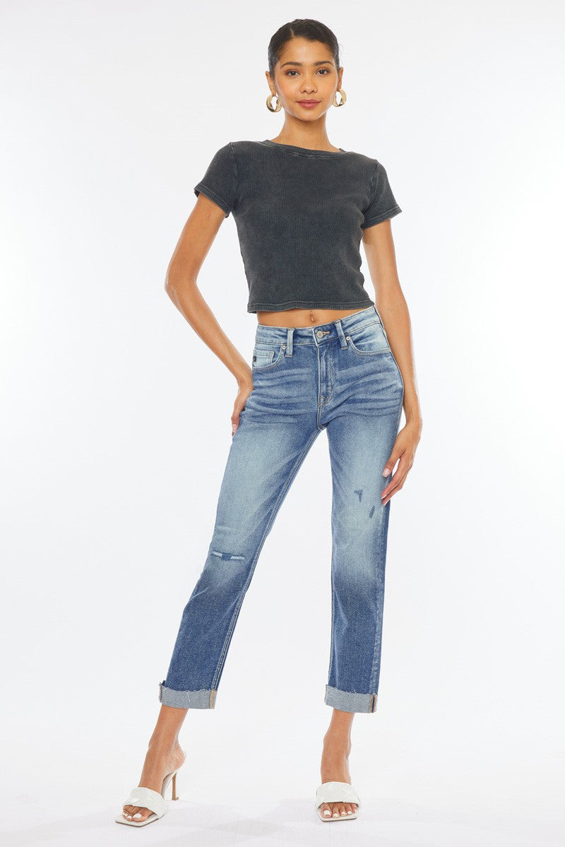 High Rise Cuffed Slim Straight Jeans-Mesadic