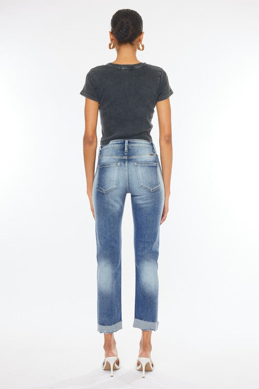 High Rise Cuffed Slim Straight Jeans-Mesadic