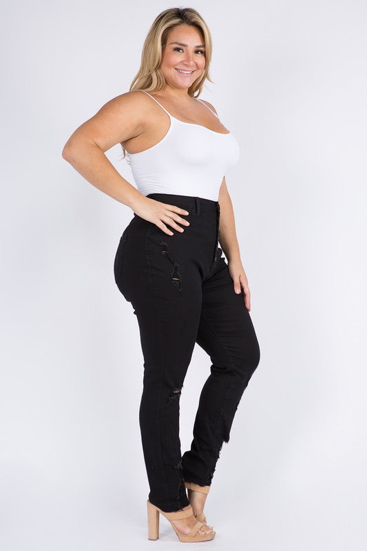 Curvy Girl 6 Button Skinny Jean - Black-Mesadic