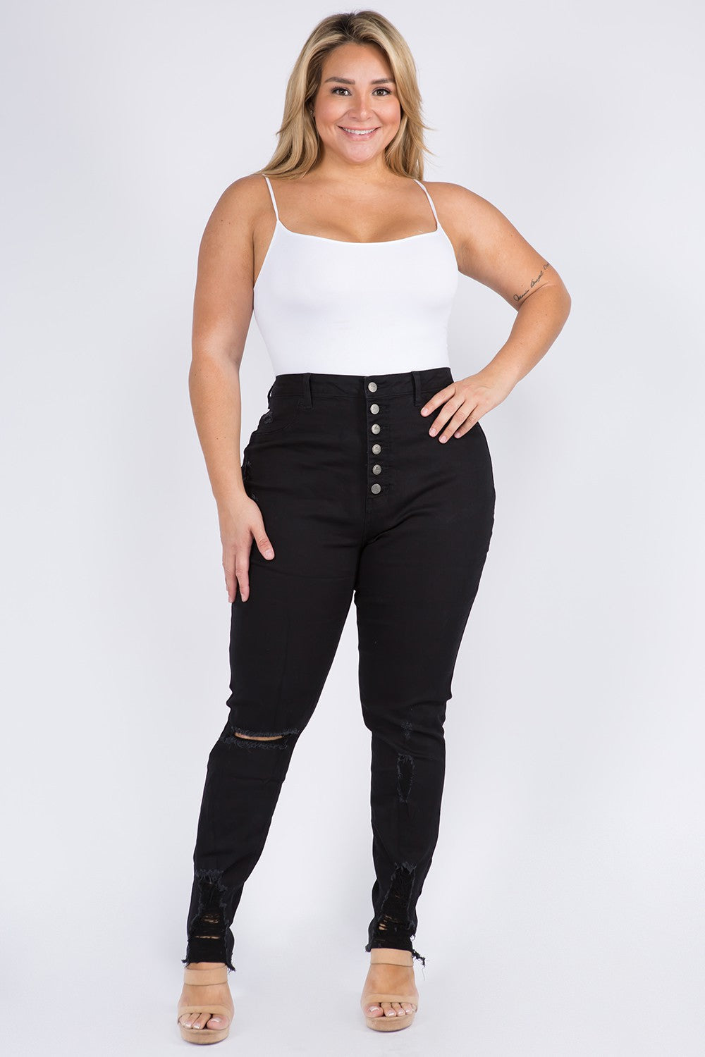 Curvy Girl 6 Button Skinny Jean - Black-Mesadic