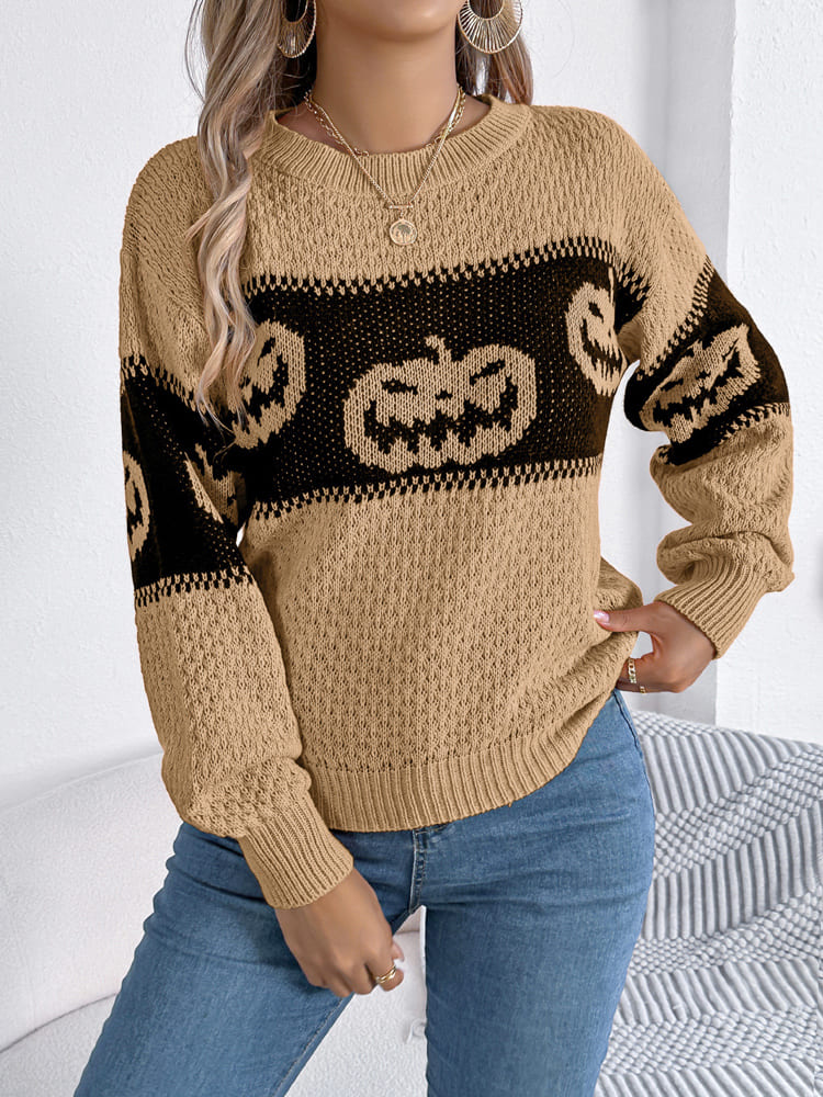 Halloween Pumpkin Head Color-Block Crew Neck Knit Sweater-CALLISTARI
