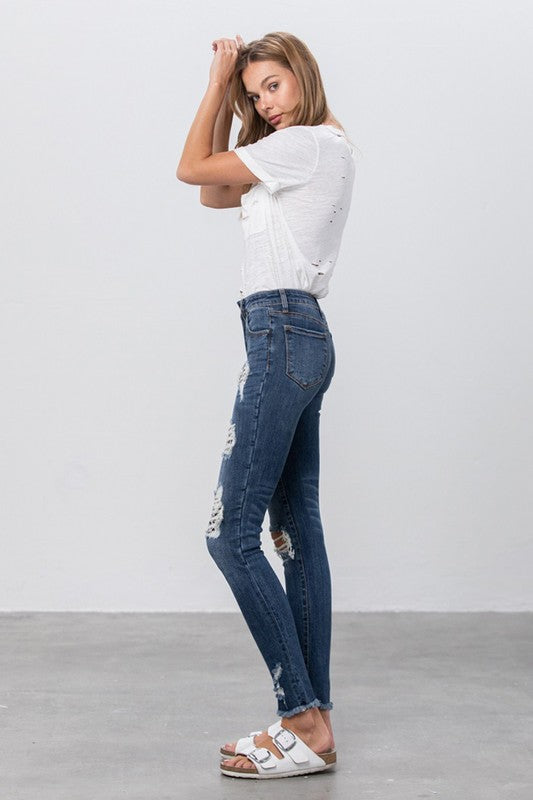 Distressed with Leopard Patched Ankle Skinny Jeans-Mesadic