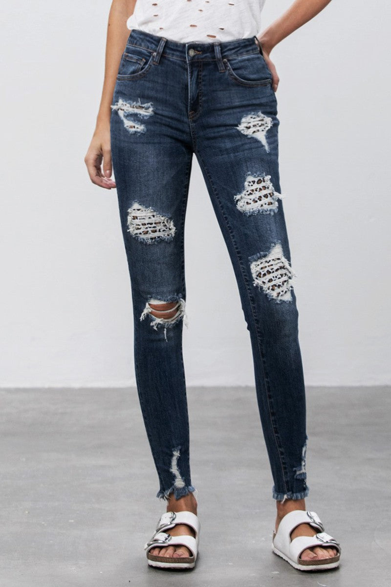 Distressed with Leopard Patched Ankle Skinny Jeans-Mesadic