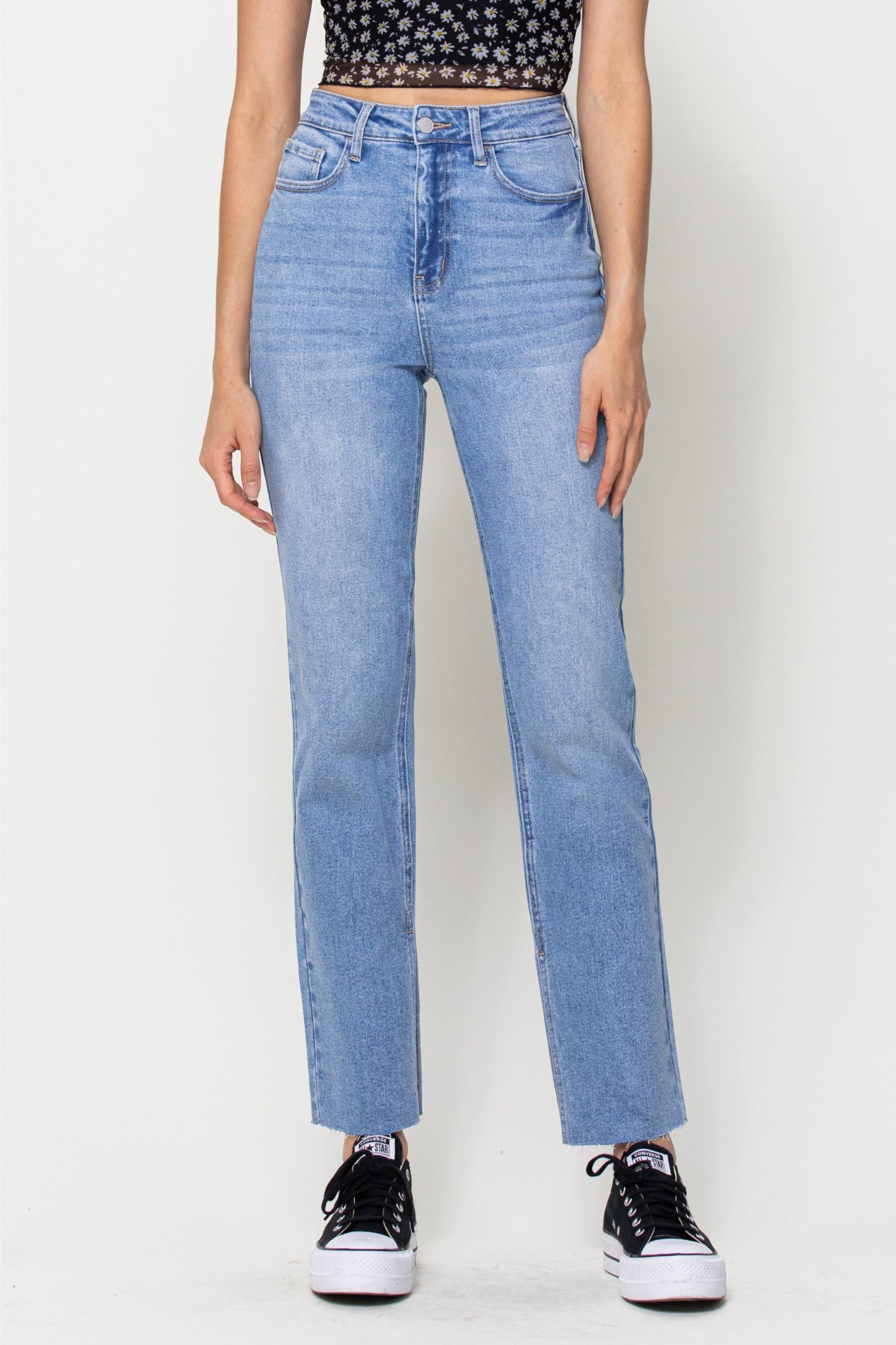 High Rise Full Length Straight Leg Jeans-Mesadic