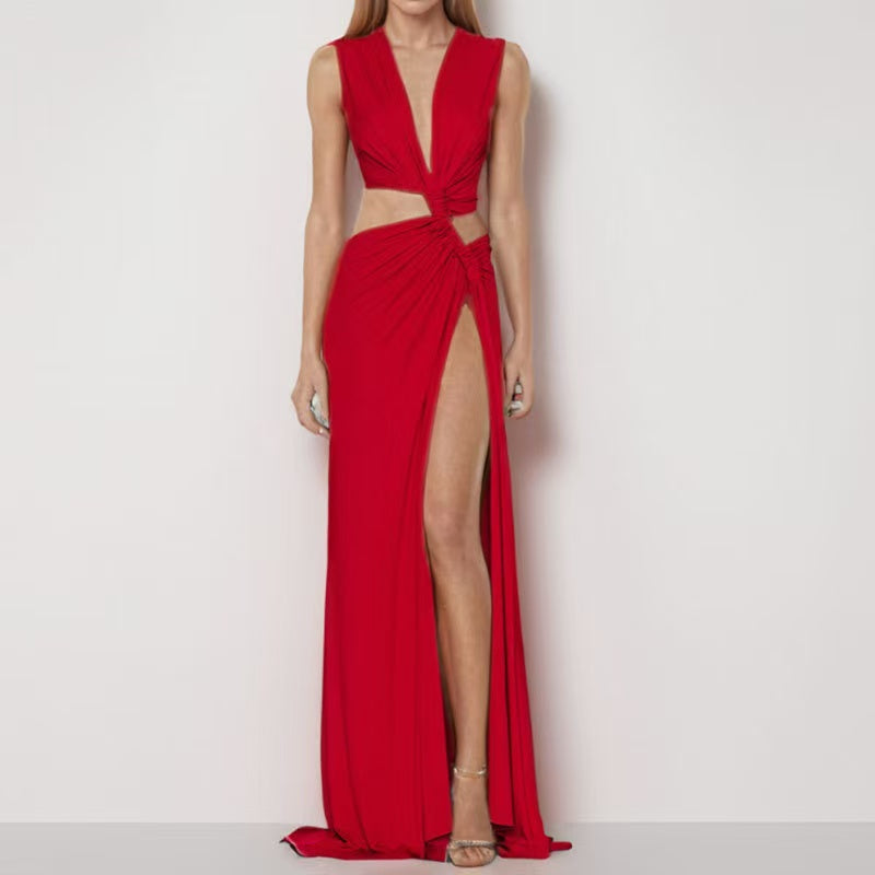 v-neck High Slit Maxi Dress-Mesadic