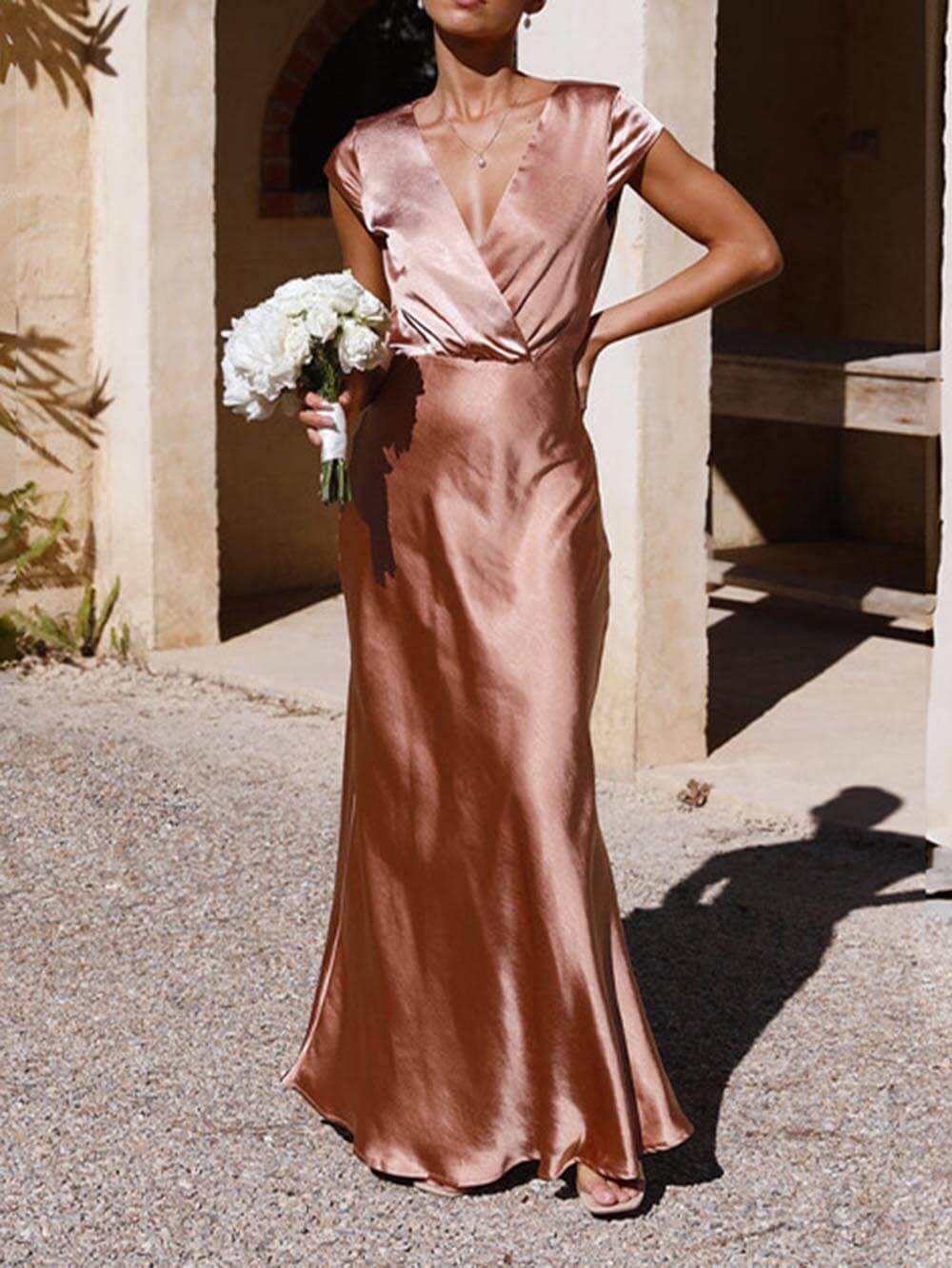 Spring/Summer Satin Solid Color V-Neck Fishtail Party Dress-CALLISTARI