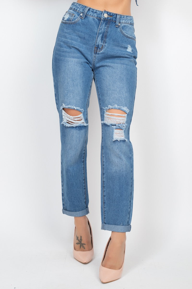 High Waist Cropped Ripped Boyfriend Jeans-Mesadic