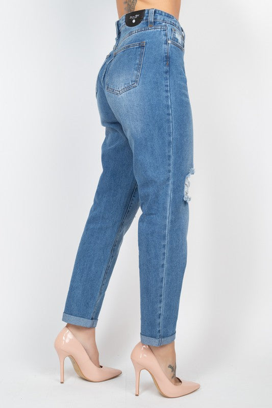 High Waist Cropped Ripped Boyfriend Jeans-Mesadic