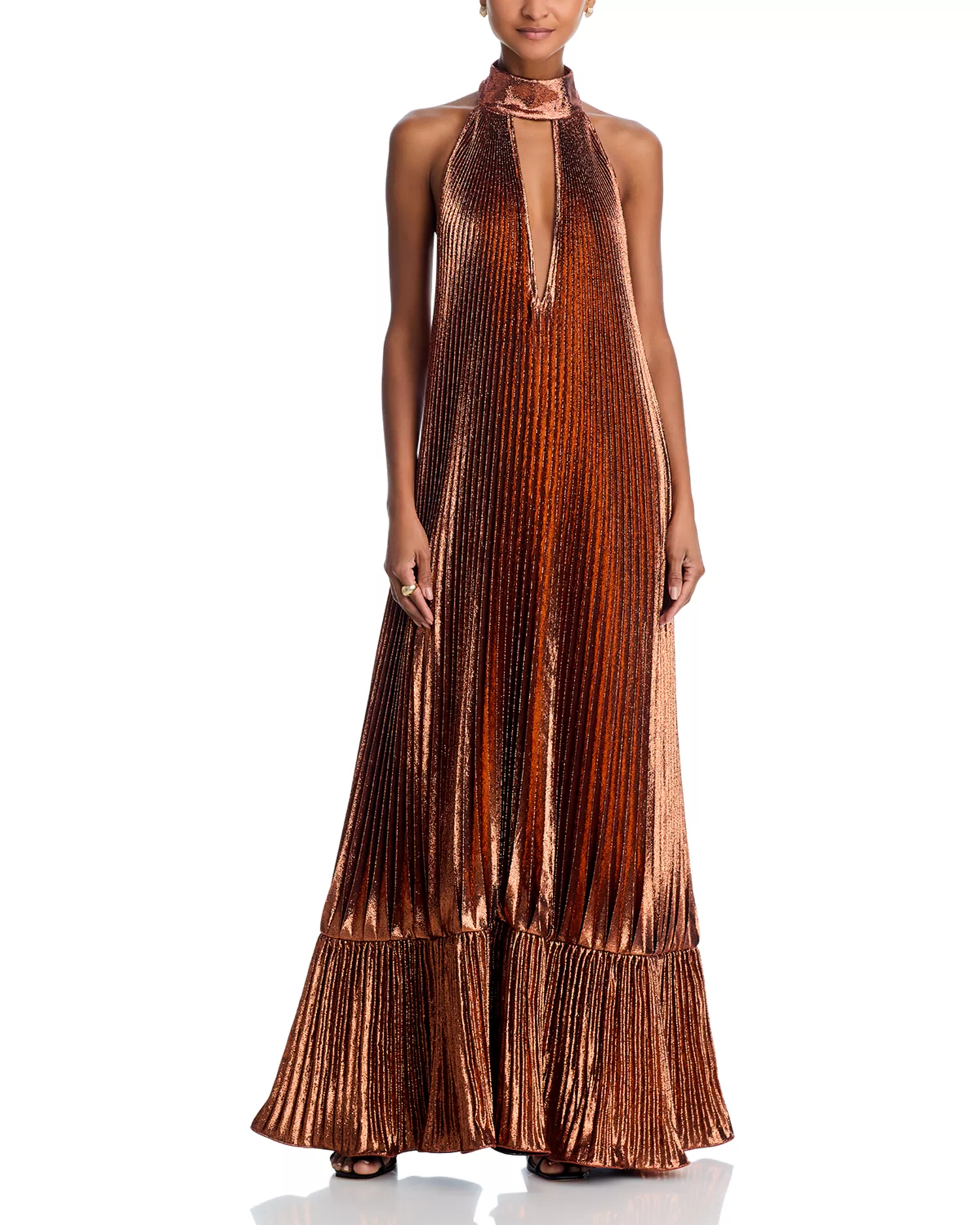 Radiant Copper Satin Halter Maxi Dress