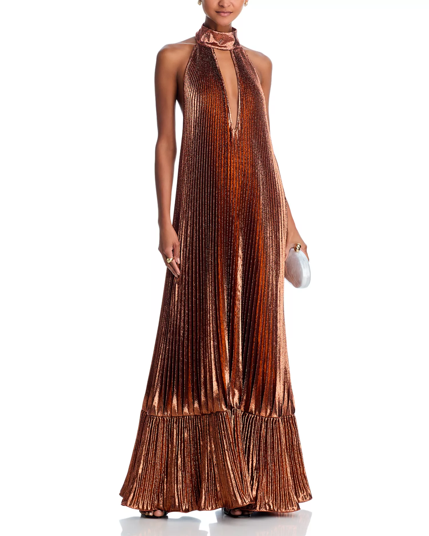 Radiant Copper Satin Halter Maxi Dress