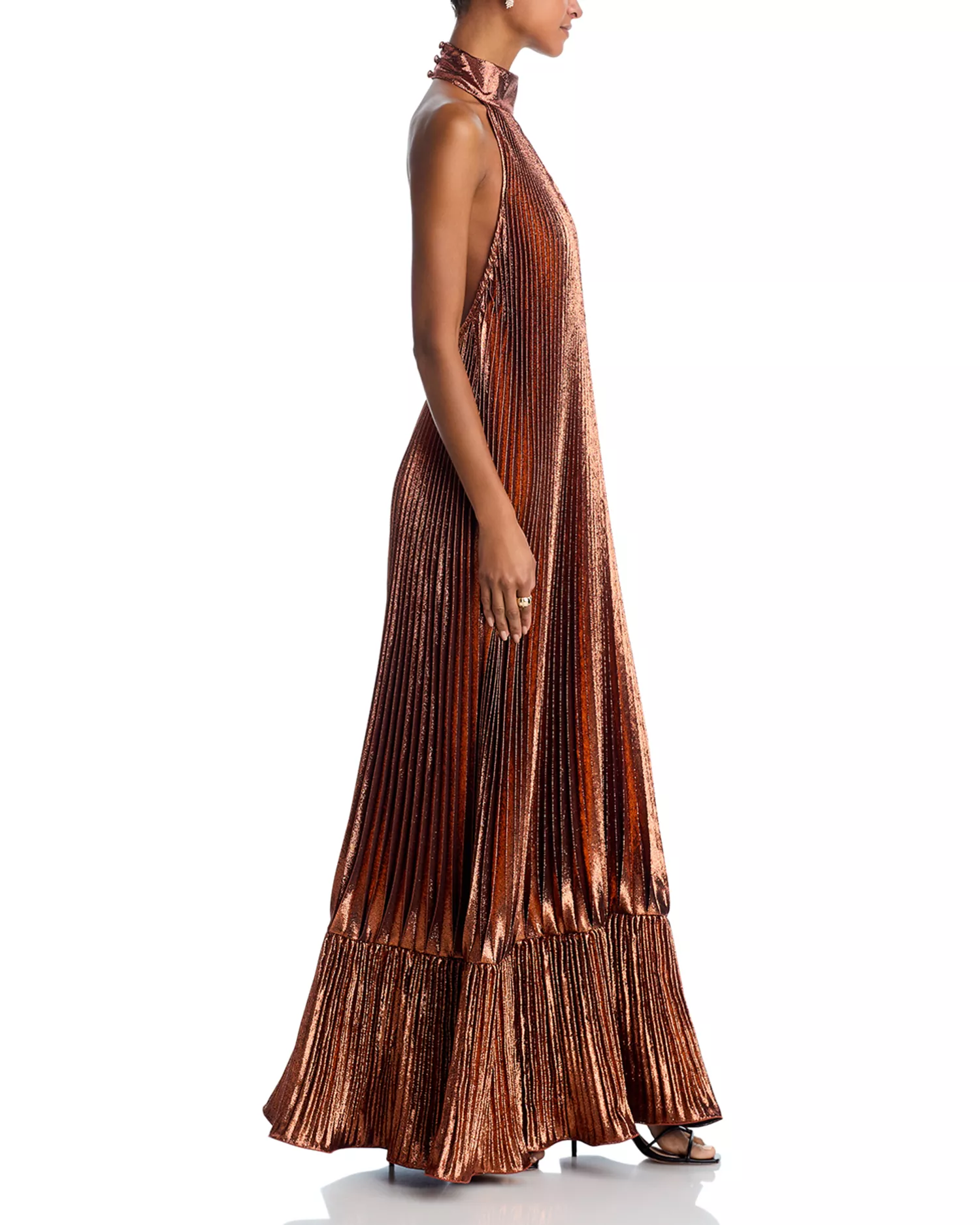 Radiant Copper Satin Halter Maxi Dress