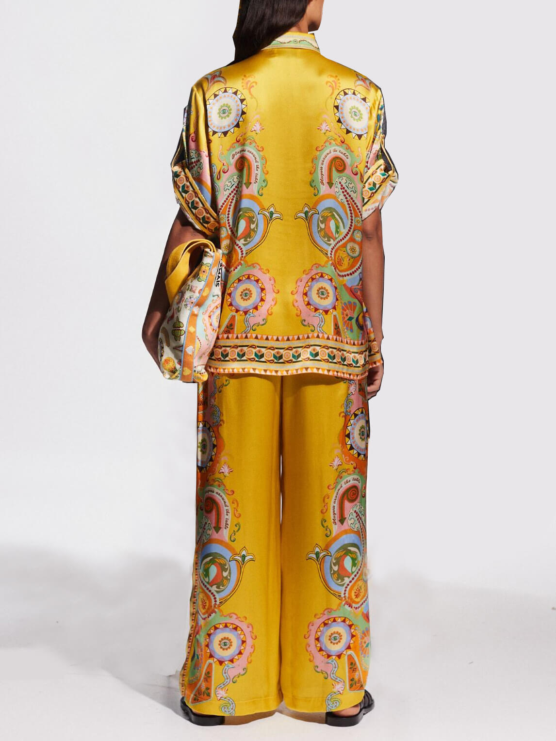 Callistari Sophisticated Satin Unique Cashew Flower Print Button Oversized Shirt Suits-CALLISTARI