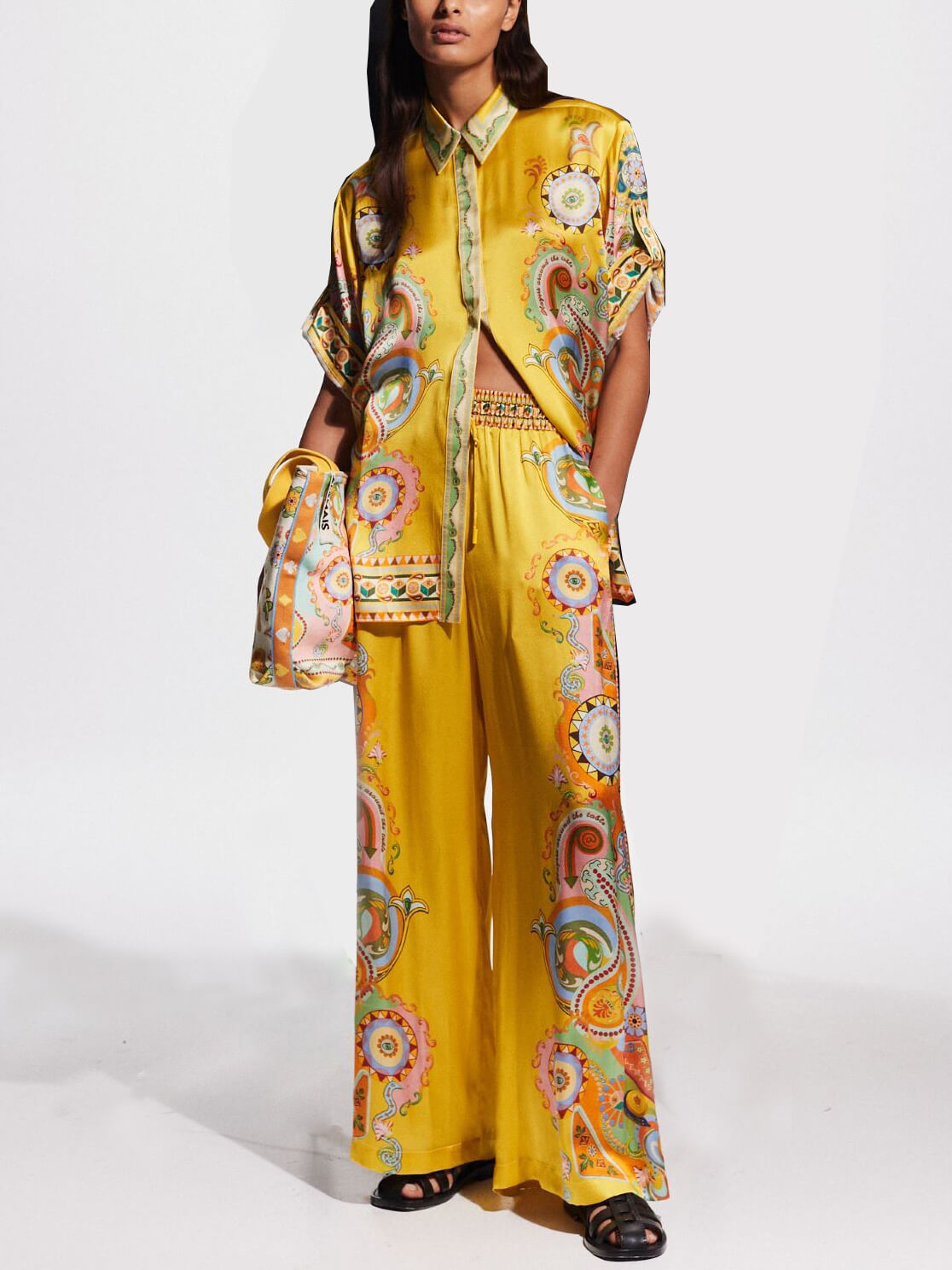 Callistari Sophisticated Satin Unique Cashew Flower Print Button Oversized Shirt Suits-CALLISTARI