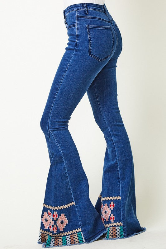 Embroidered Bell Bottom Jeans-Mesadic