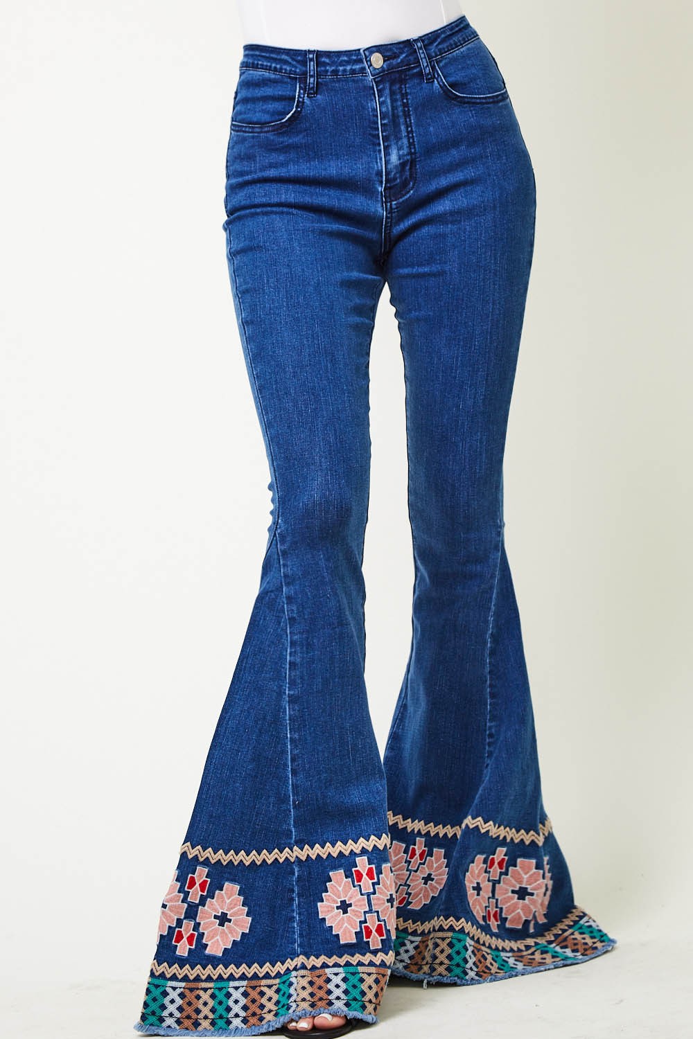 Embroidered Bell Bottom Jeans-Mesadic