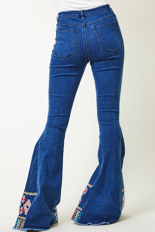 Embroidered Bell Bottom Jeans-Mesadic