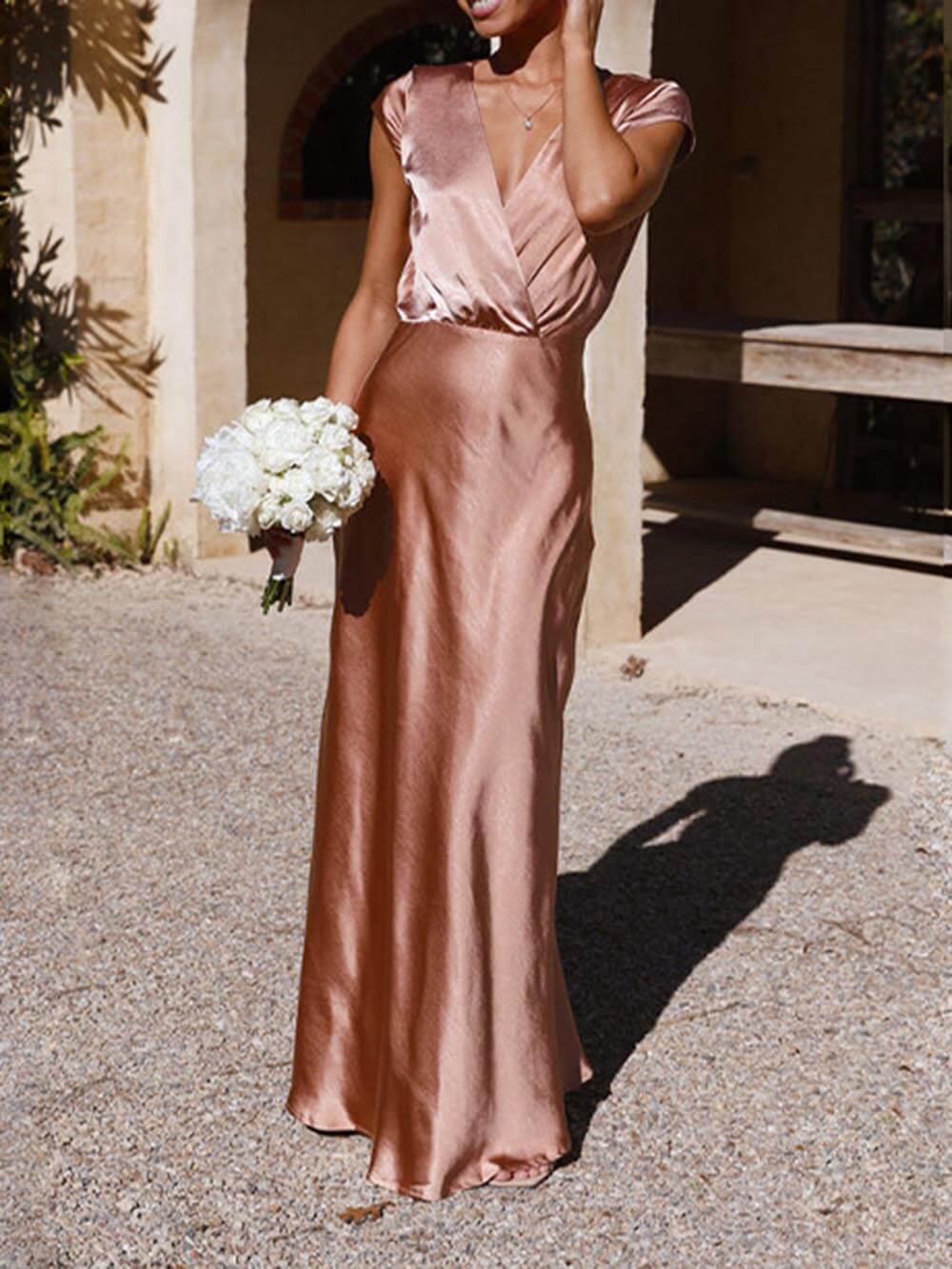 Spring/Summer Satin Solid Color V-Neck Fishtail Party Dress-CALLISTARI