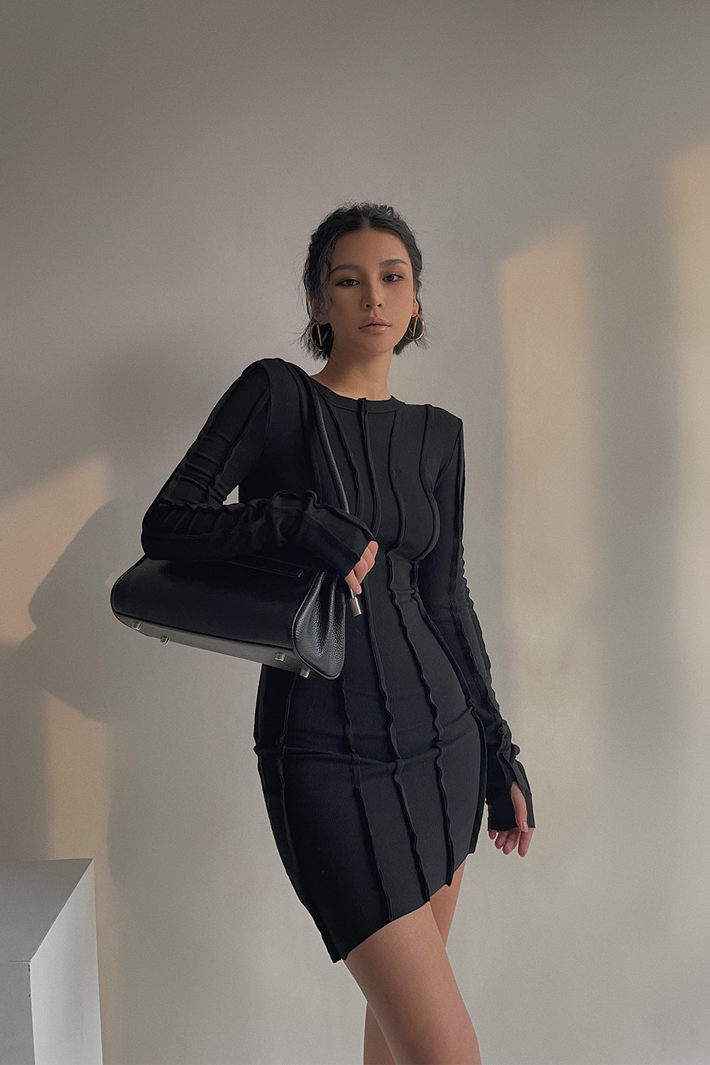 Evelyn Seam Detail Long Sleeve Mini Dress Black-CALLISTARI