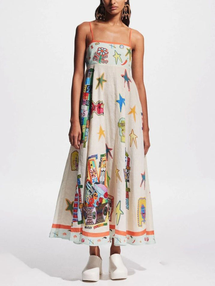 Unique Graffiti Print Suspenders Long Swing Maxi Dress-CALLISTARI