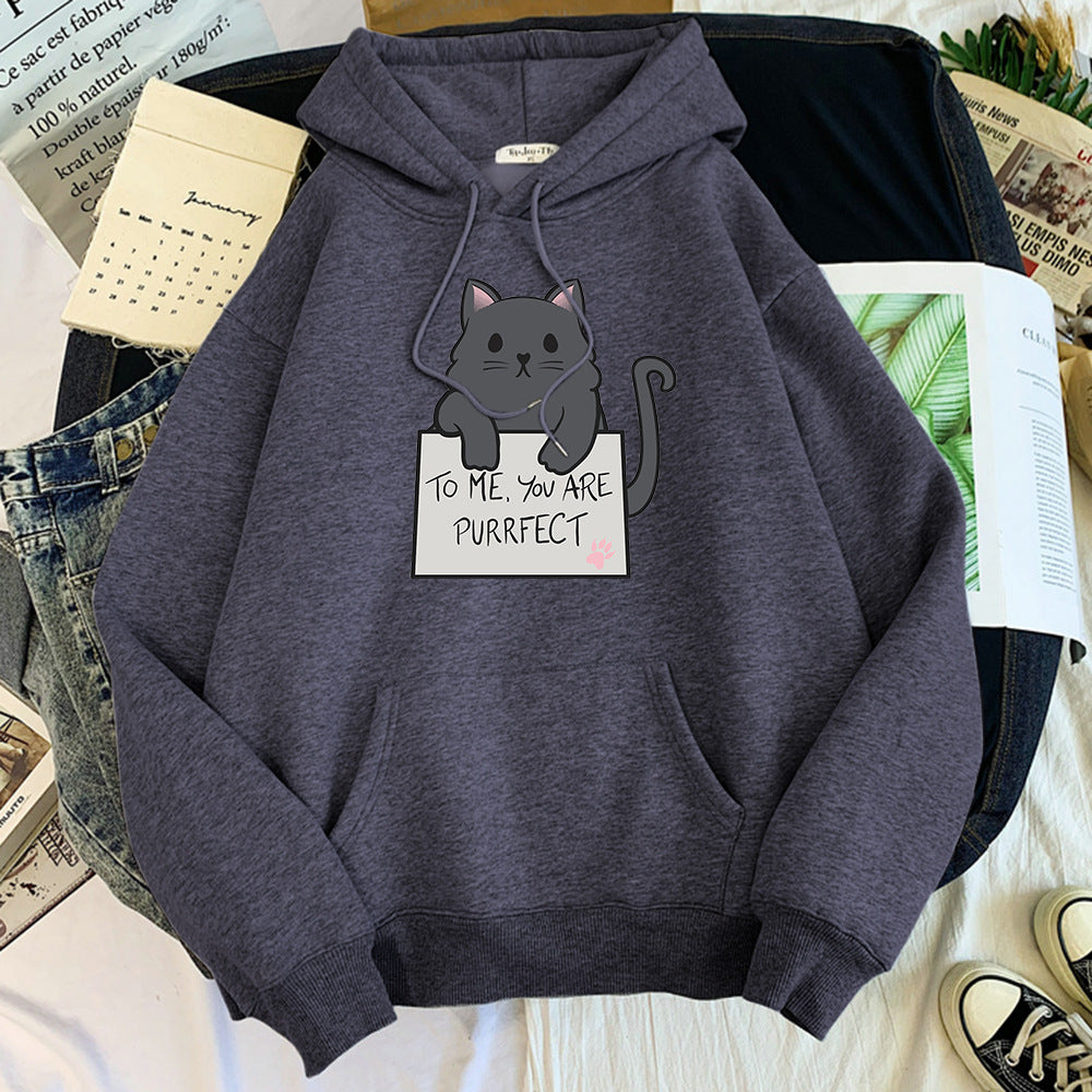 Casual Cat Text Printed Pullover Hoodie-CALLISTARI