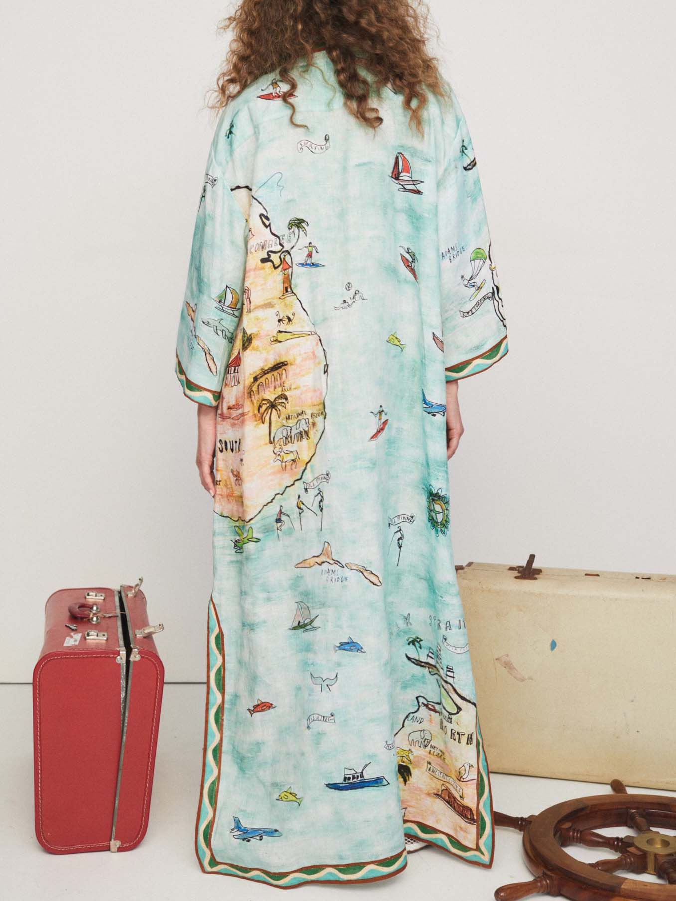 Modern Satin Art Island Print Slit Maxi Dress-CALLISTARI