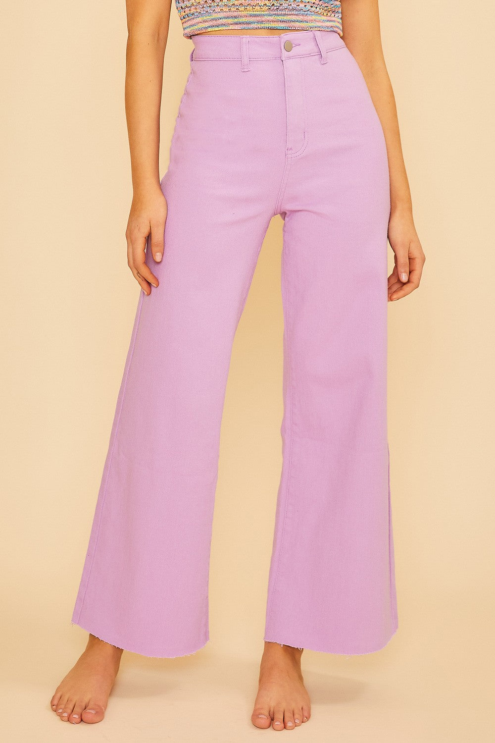 Stretch High Rise Wide Leg Cropped Denim Pant - Lavender-Mesadic