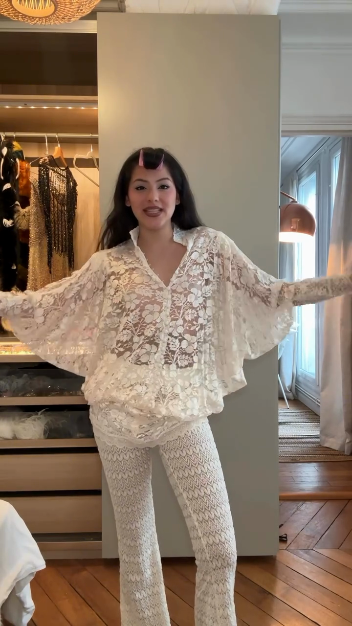 Ivory floral lace top and crochet flared pants set-Trafni