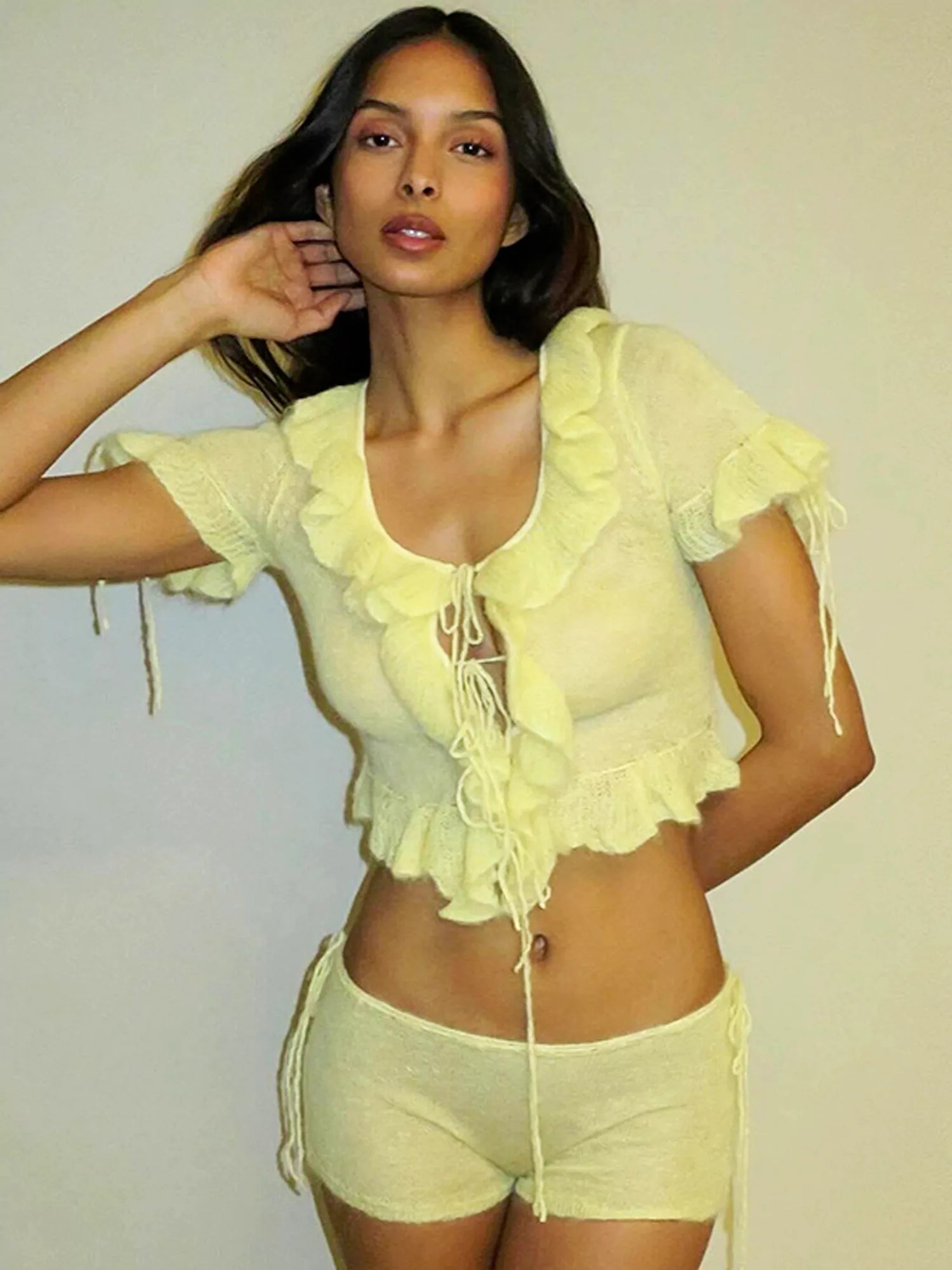 Fluffy Ruffle Knit Shorts Set-CALLISTARI