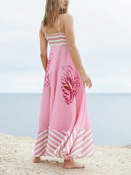 Callistari Floral Print Paneled Striped Suspender Mixi Dress-CALLISTARI