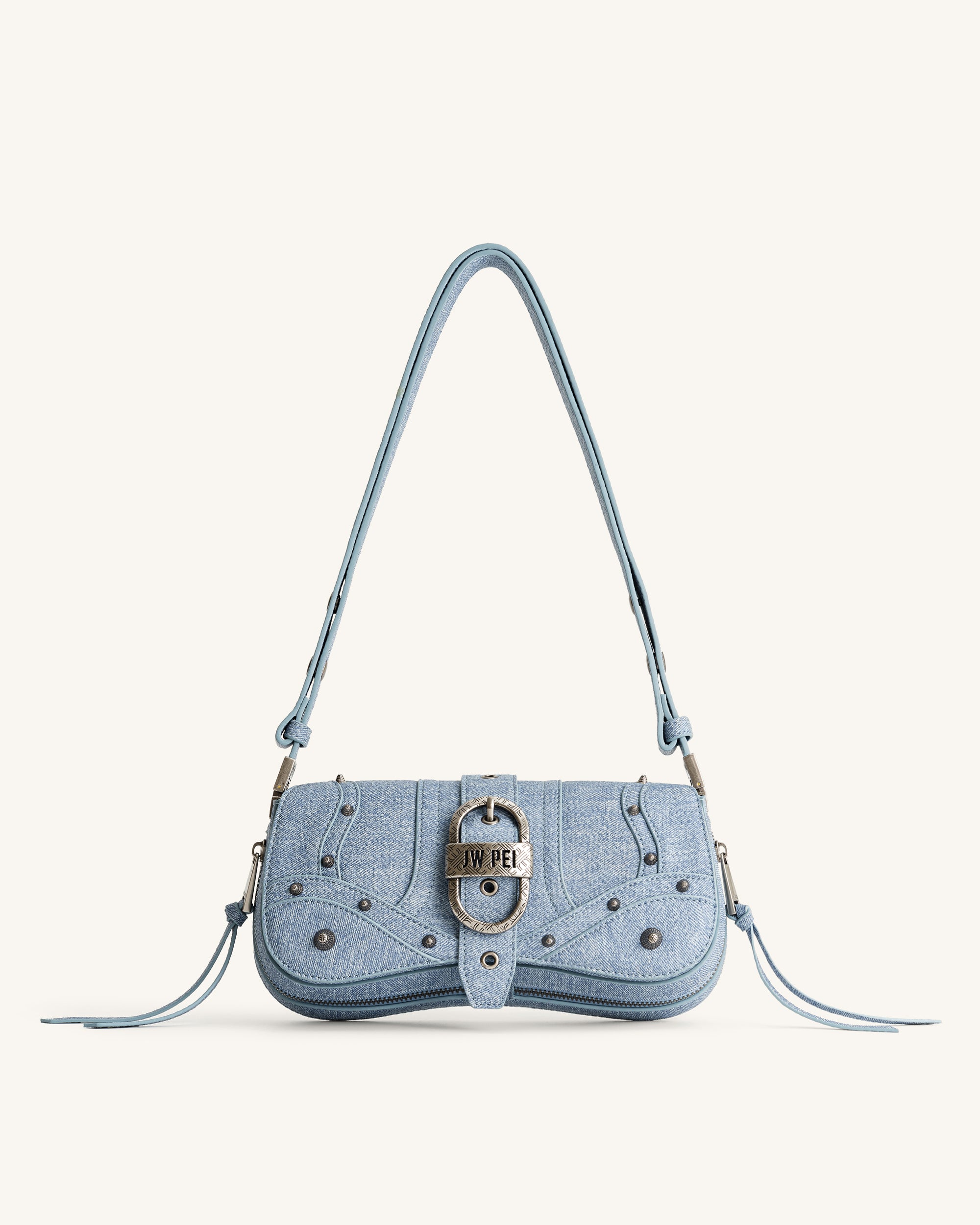Joy Denim Embossed Curved Shoulder Bag - Blue-Mesadic