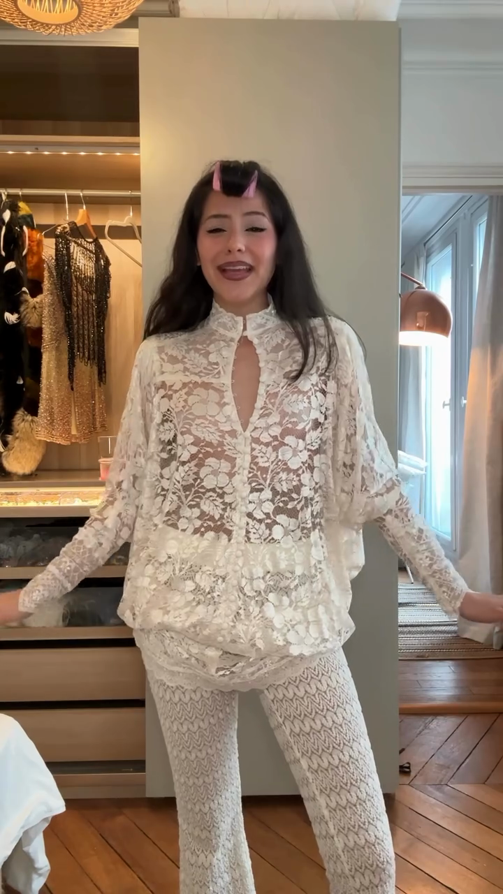 Ivory floral lace top and crochet flared pants set-Trafni