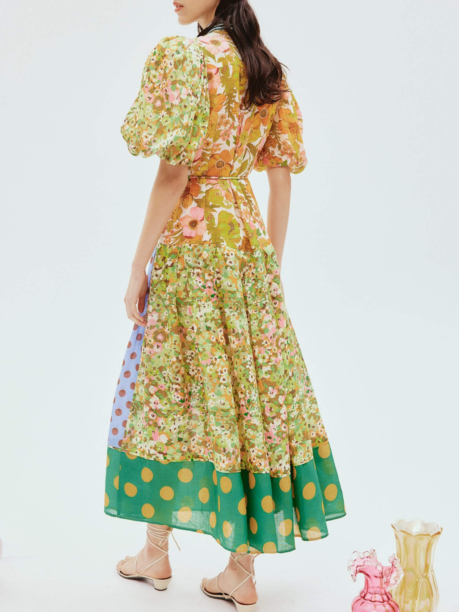 Exquisite Retro Floral Print Puff Sleeve Midi Dress-CALLISTARI