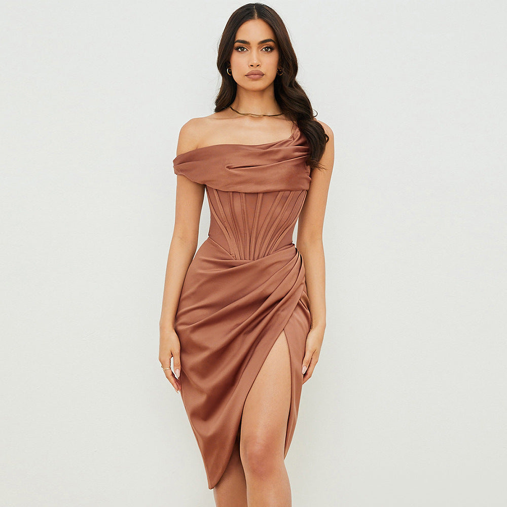 Isla Asymmetric Shoulder Stitch Slit Midi Dress-CALLISTARI