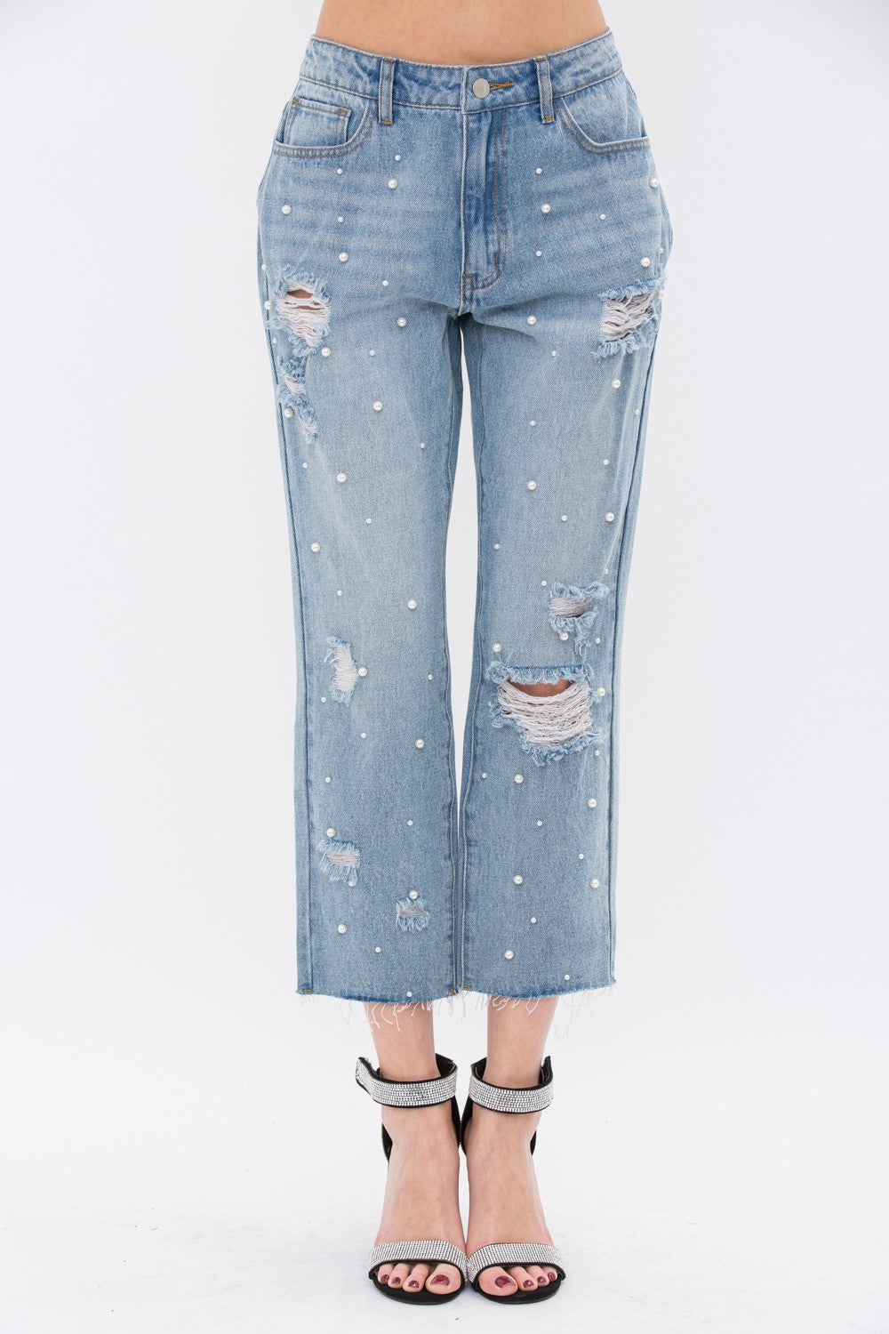 Pearl Embellished Front Ripped Jeans-Mesadic