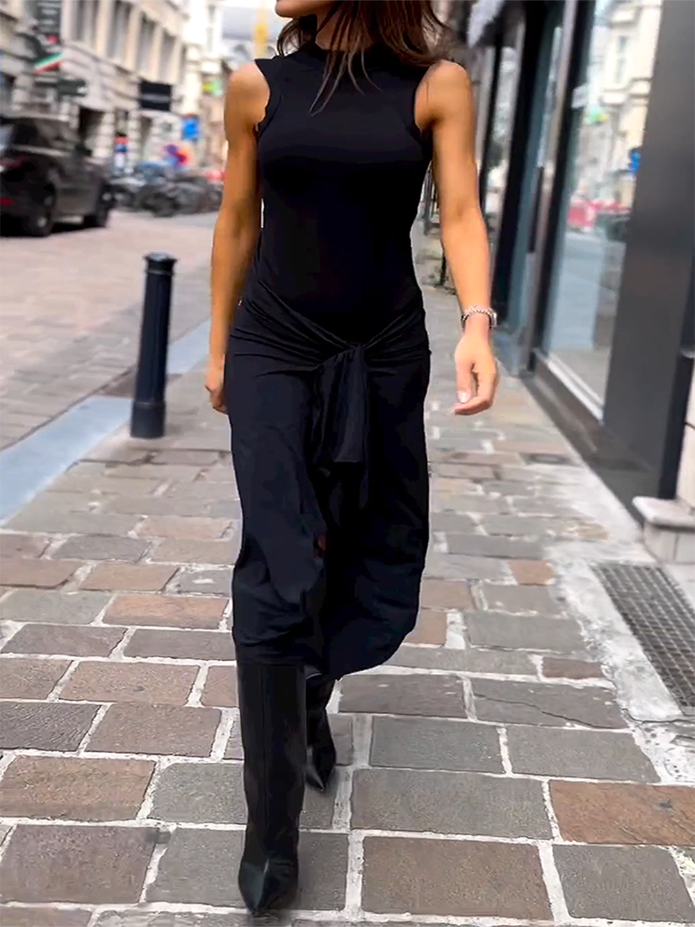 Round Neck Sleeveless Tie Solid Color Dress-CALLISTARI