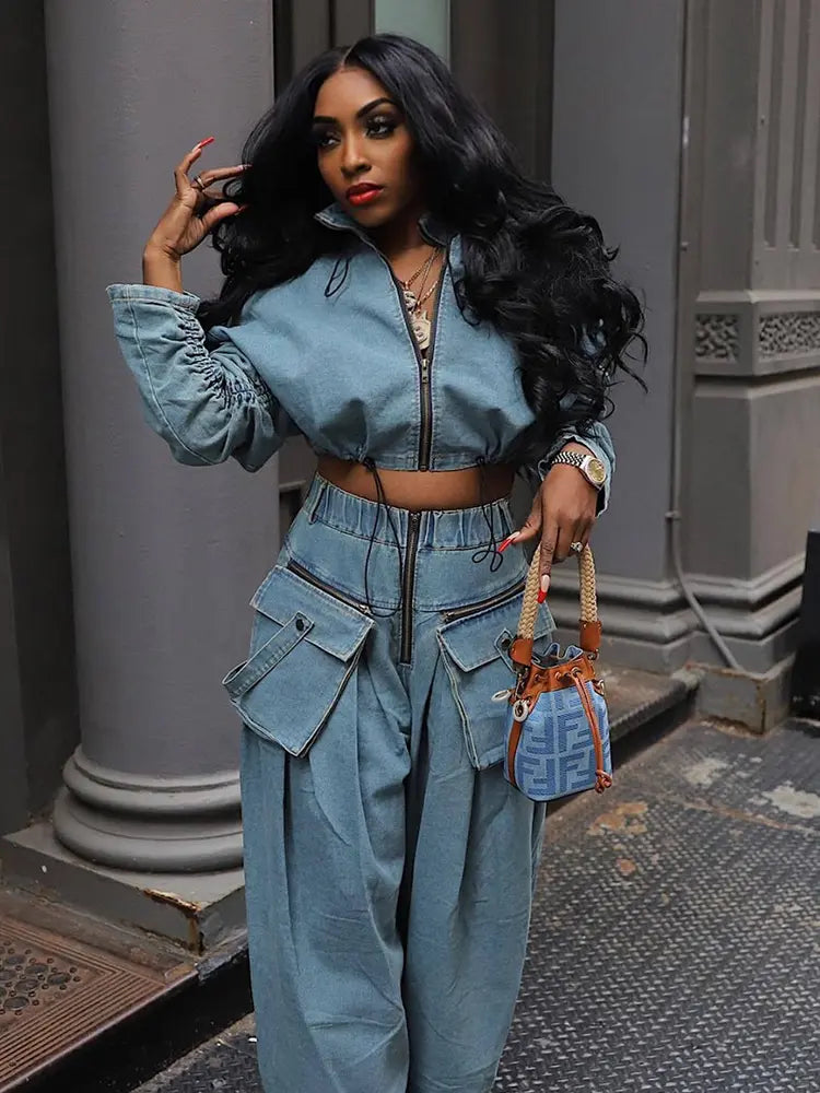 Vintage Wide-Leg Denim Two-Piece-Mesadic