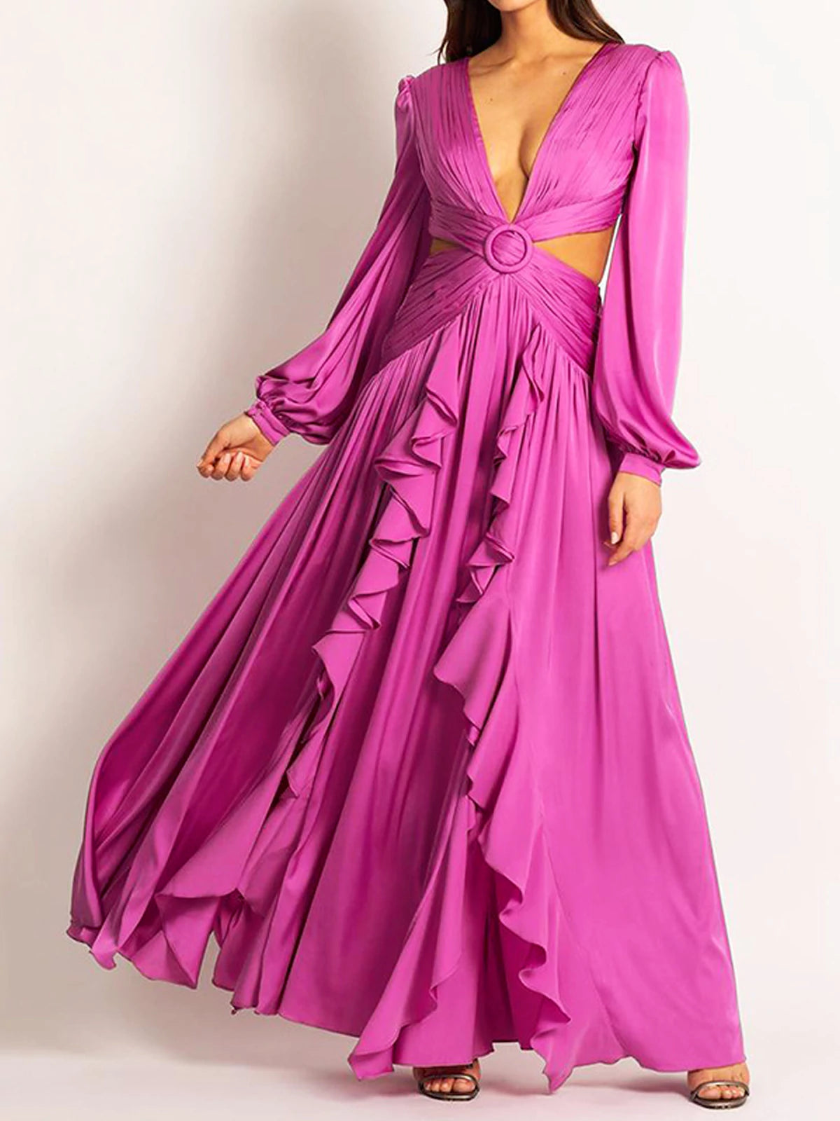 V-Neck Waist Cutout Ruffle Maxi Dress-CALLISTARI