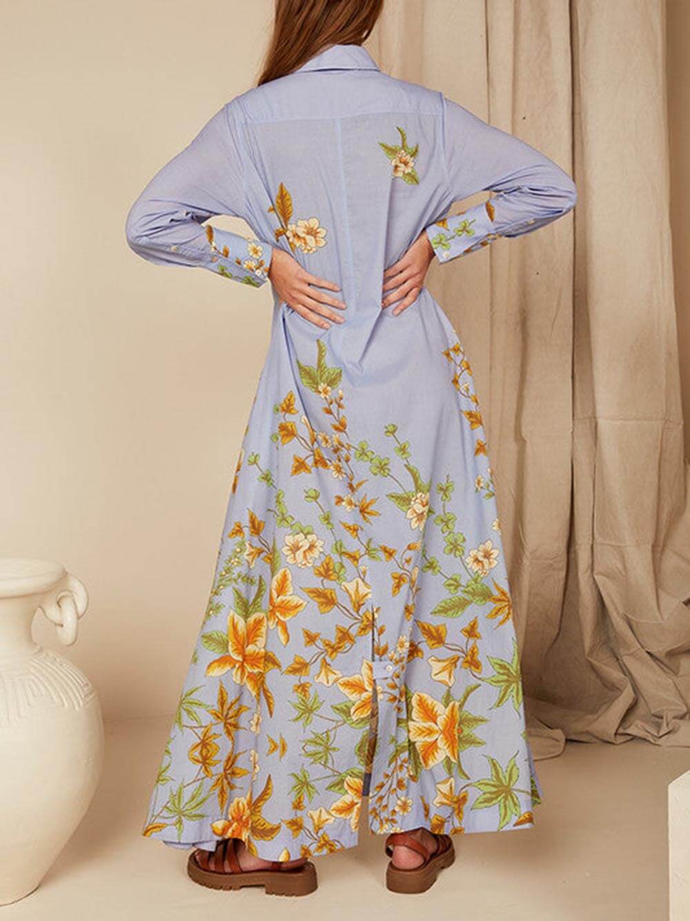 Unique Floral Print Long Sleeve Pocket A-line Shirt Maxi Dress-CALLISTARI