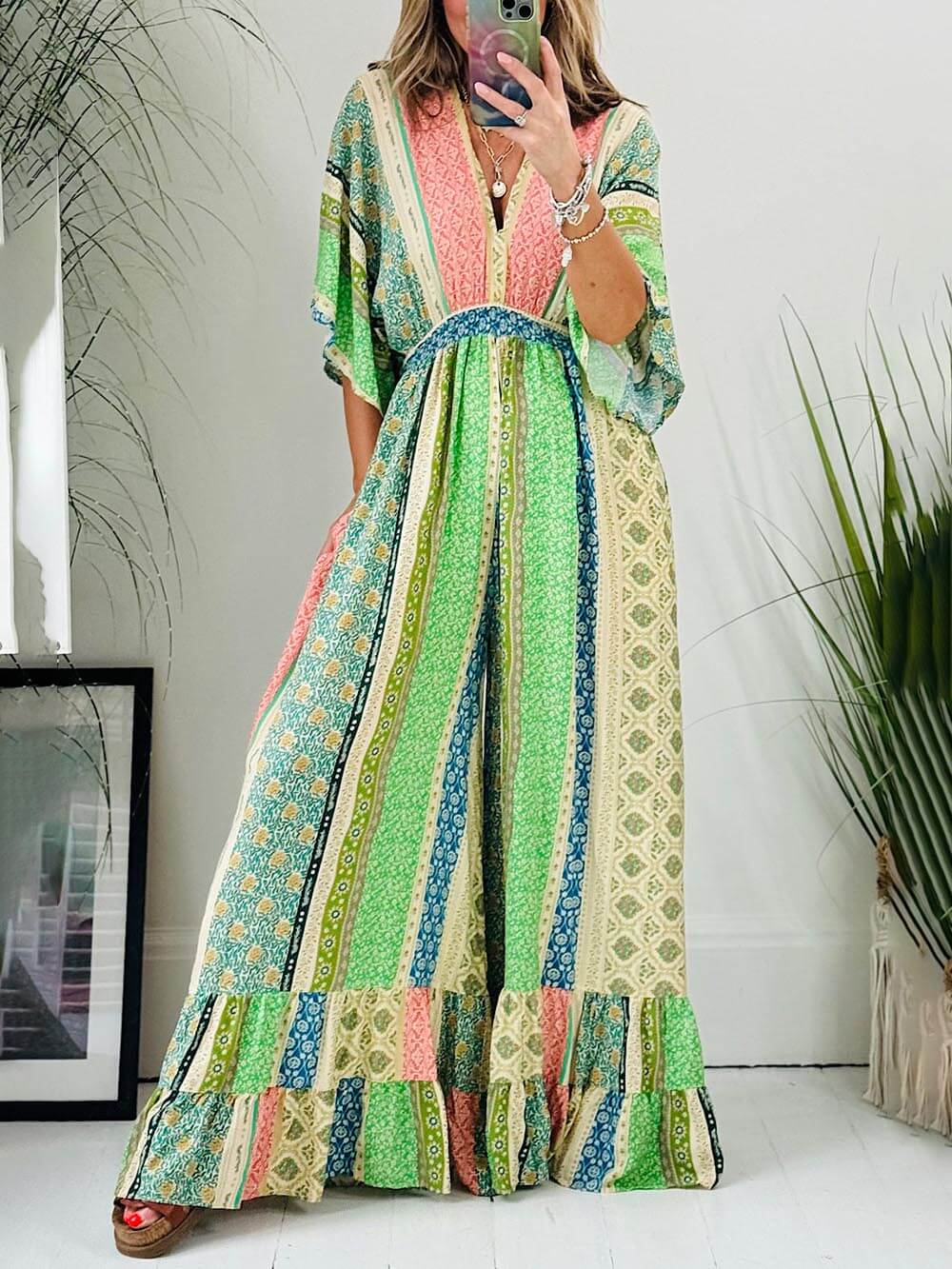 Retro Floral Flare Sleeve Pocketed Loose Wide Leg Jumpsuit-CALLISTARI