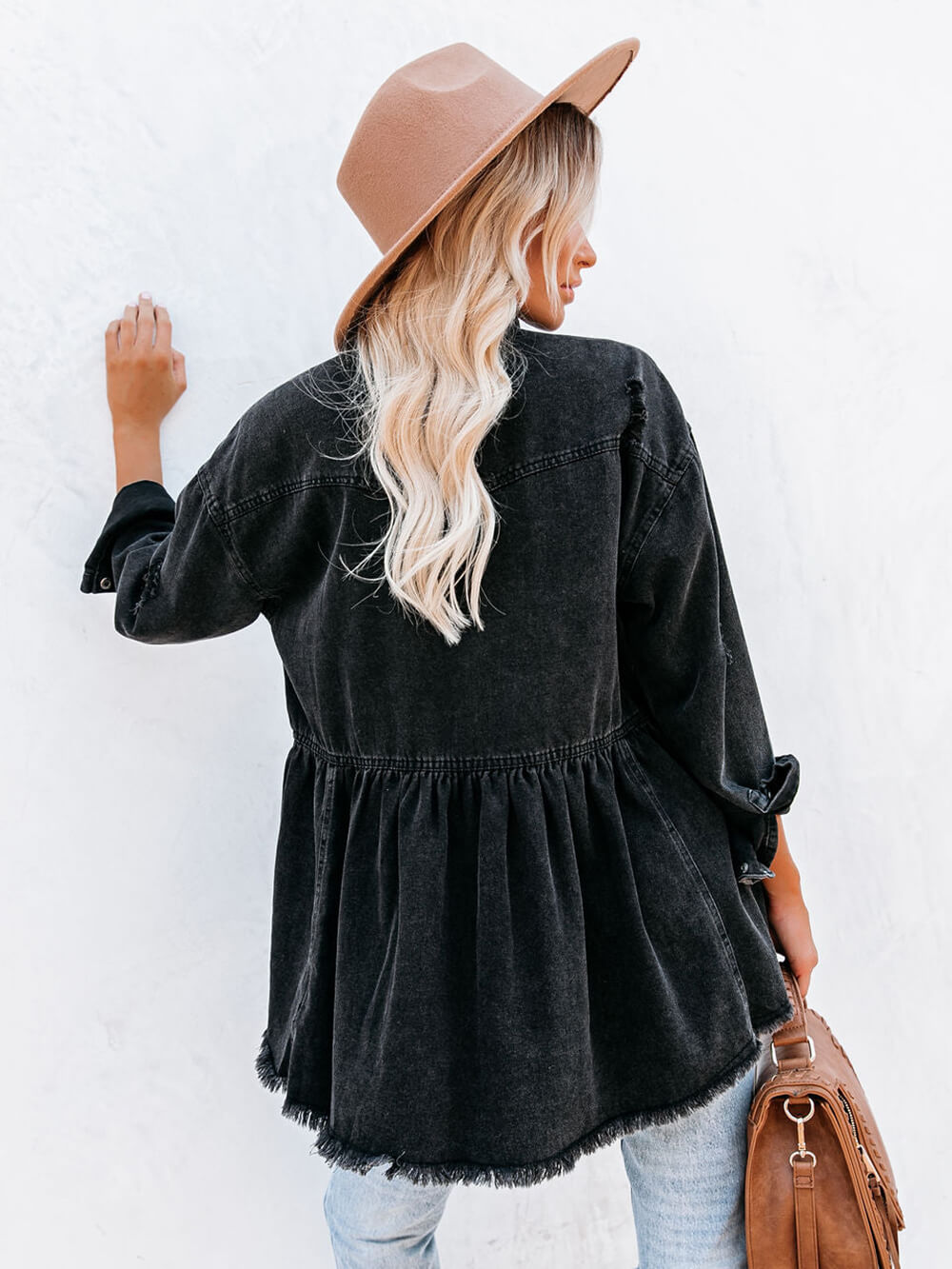 Distressed Denim Button Down Shirt Jacket-CALLISTARI