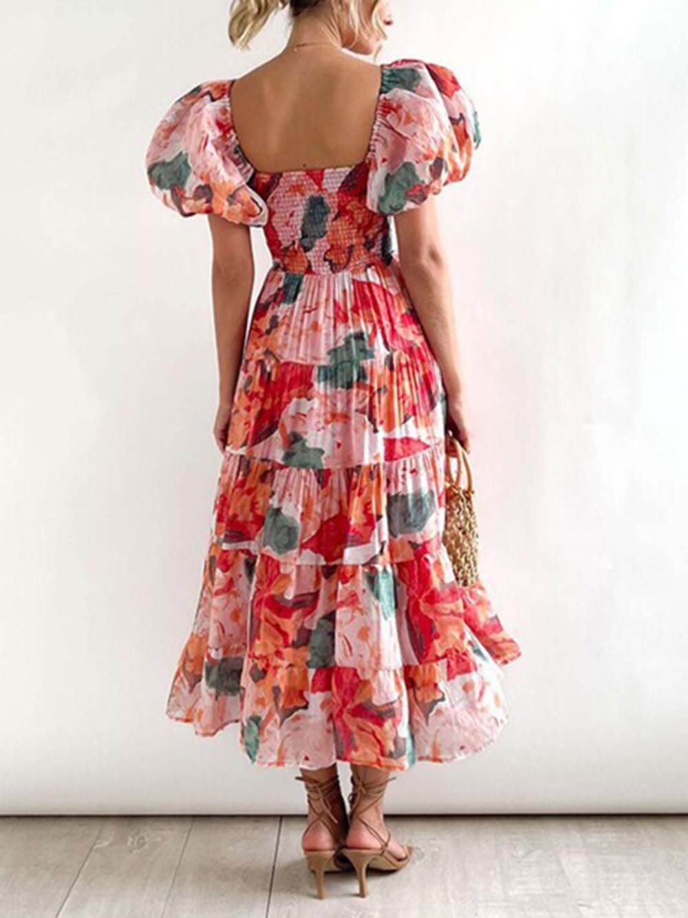 Floral Printed Smocked Tiered Fit Flare Midi Dress-CALLISTARI