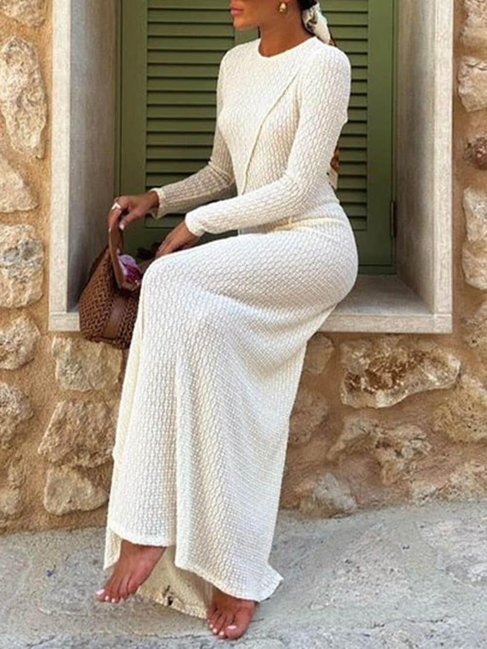 Jacquard Backless Paneled Long-Sleeved Maxi Dress-CALLISTARI