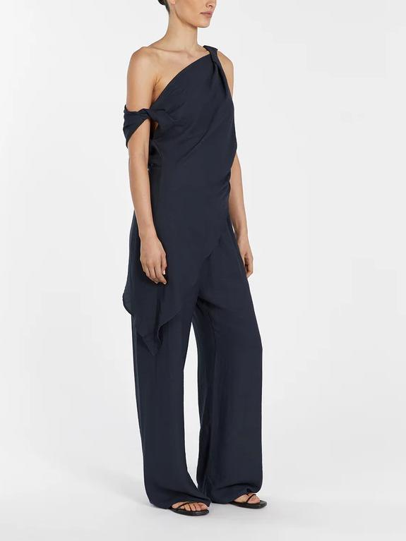 Asymmetrical Twist Detailing Top Linen Blend Pants Set-Mesadic