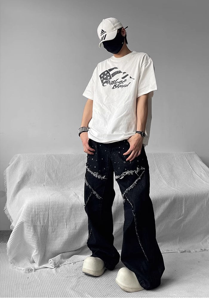 【SHUNP】Fringe patch multi-design wide over denim pants  SP0005-CALLISTARI