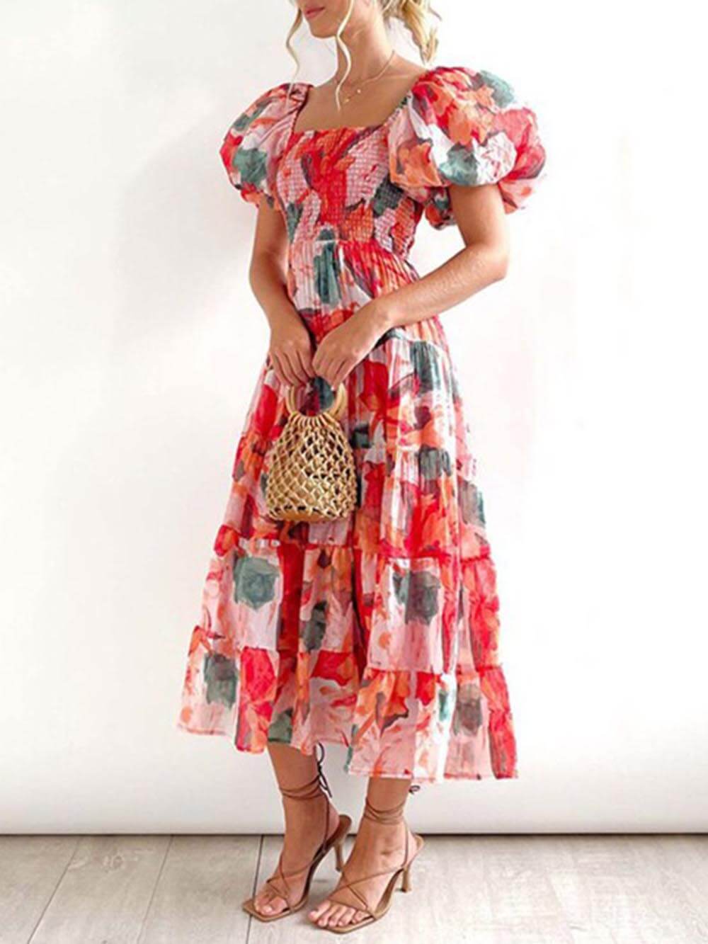 Floral Printed Smocked Tiered Fit Flare Midi Dress-CALLISTARI